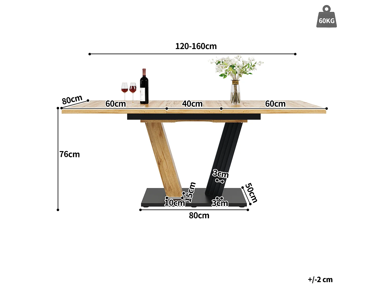 Table à manger extensible 120-160x80x76 cm, table de cuisine effet bois avec pieds en forme d’aile, MDF, bois