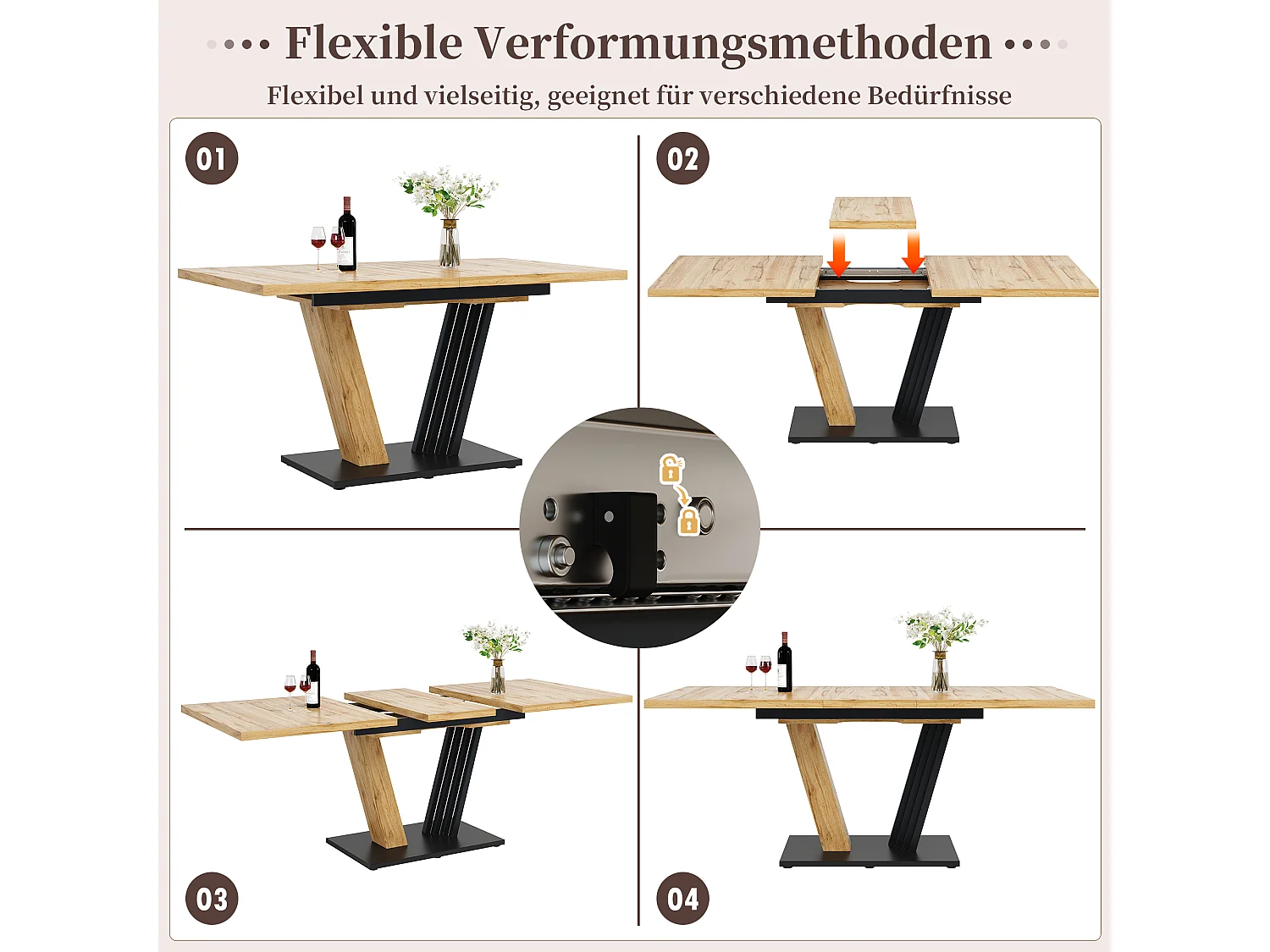 Table à manger extensible 120-160x80x76 cm, table de cuisine effet bois avec pieds en forme d’aile, MDF, bois