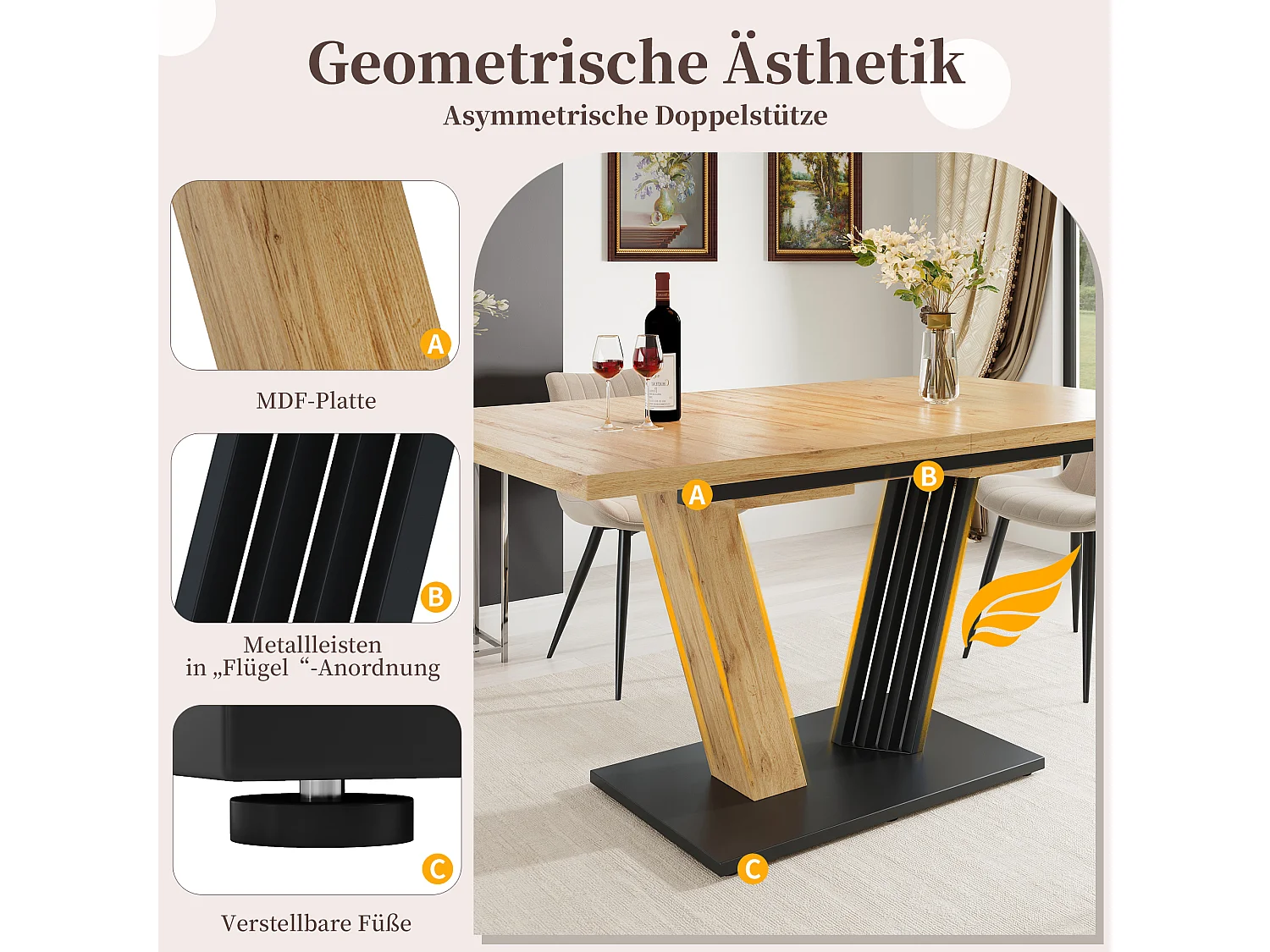 Table à manger extensible 120-160x80x76 cm, table de cuisine effet bois avec pieds en forme d’aile, MDF, bois
