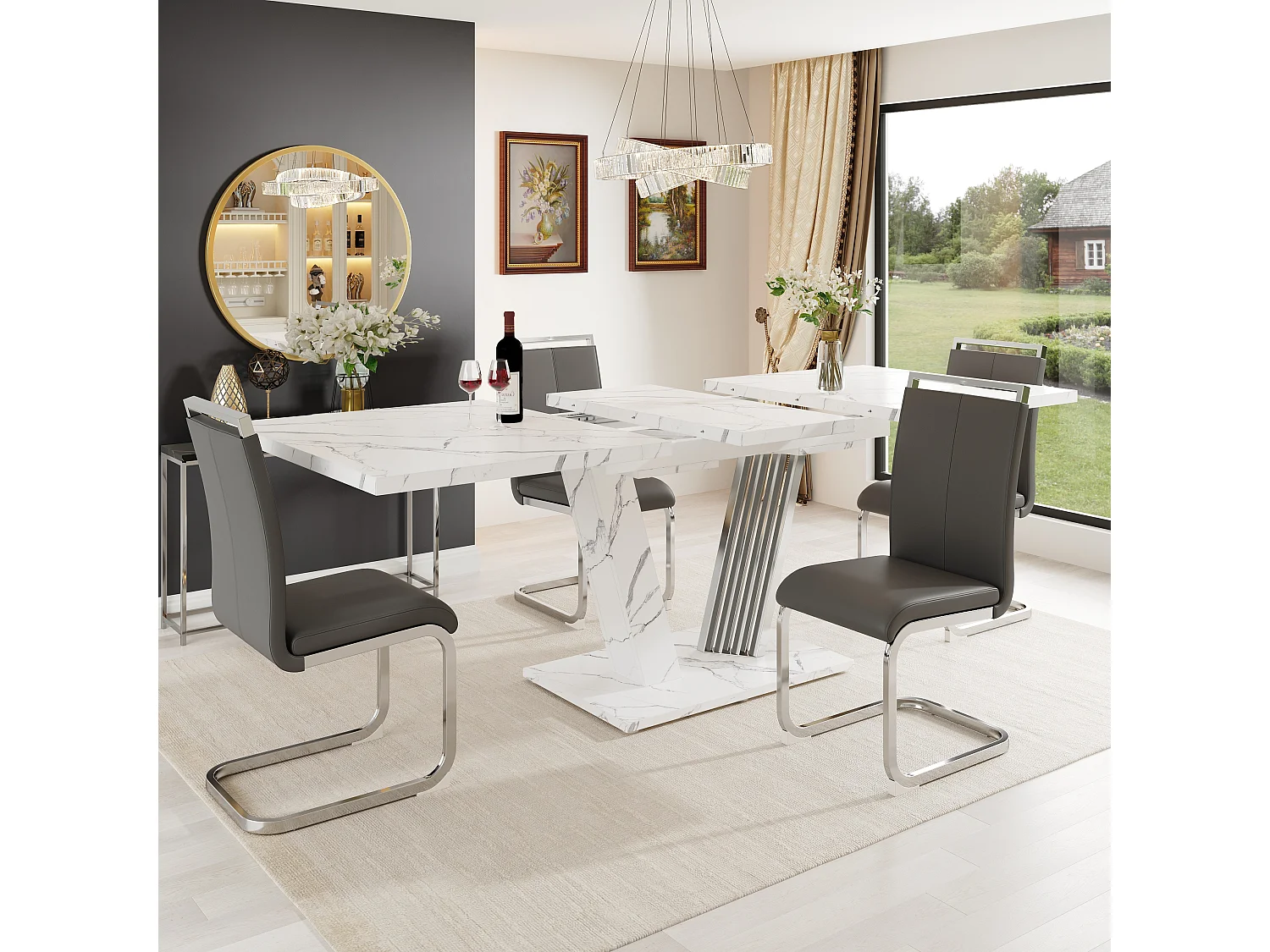 Table à manger extensible 120-160x80x76 cm, table de cuisine avec rallonge, plateau effet marbre et piètement papillon, MDF, blanc