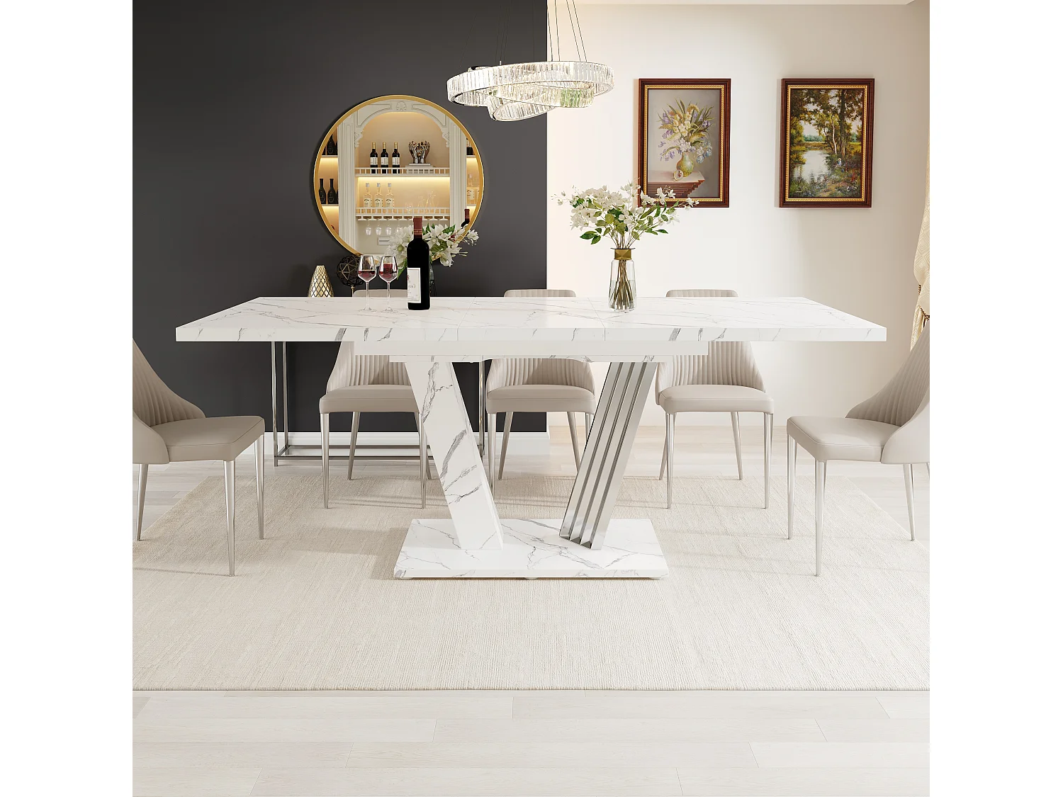 Table à manger extensible 120-160x80x76 cm, table de cuisine avec rallonge, plateau effet marbre et piètement papillon, MDF, blanc