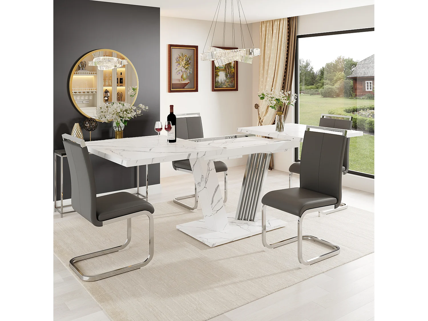 Table à manger extensible 120-160x80x76 cm, table de cuisine avec rallonge, plateau effet marbre et piètement papillon, MDF, blanc