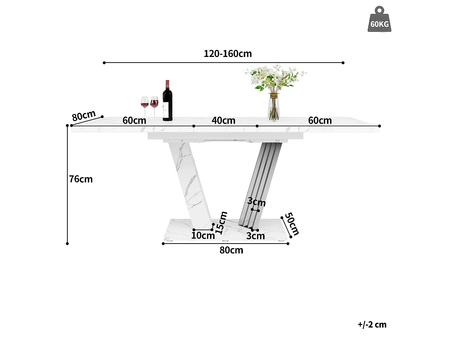 Table à manger extensible 120-160x80x76 cm, table de cuisine avec rallonge, plateau effet marbre et piètement papillon, MDF, blanc