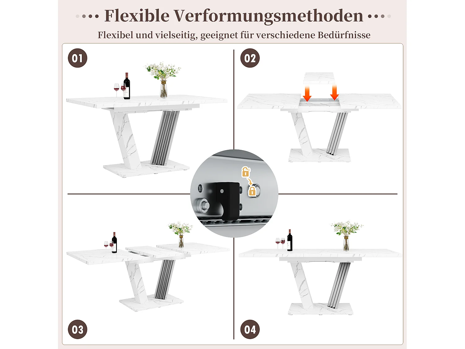 Table à manger extensible 120-160x80x76 cm, table de cuisine avec rallonge, plateau effet marbre et piètement papillon, MDF, blanc