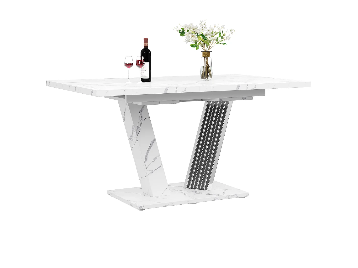 Table à manger extensible 120-160x80x76 cm, table de cuisine avec rallonge, plateau effet marbre et piètement papillon, MDF, blanc