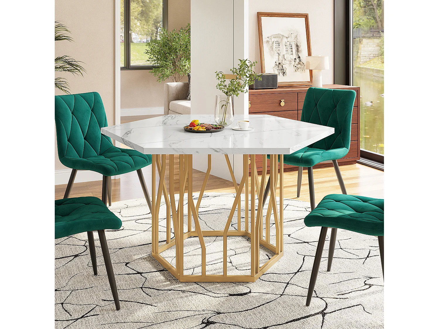 Table à manger hexagonale 115,5x100x75 cm, table de cuisine effet marbre avec piètement métal blanche, MDF, pieds dorés