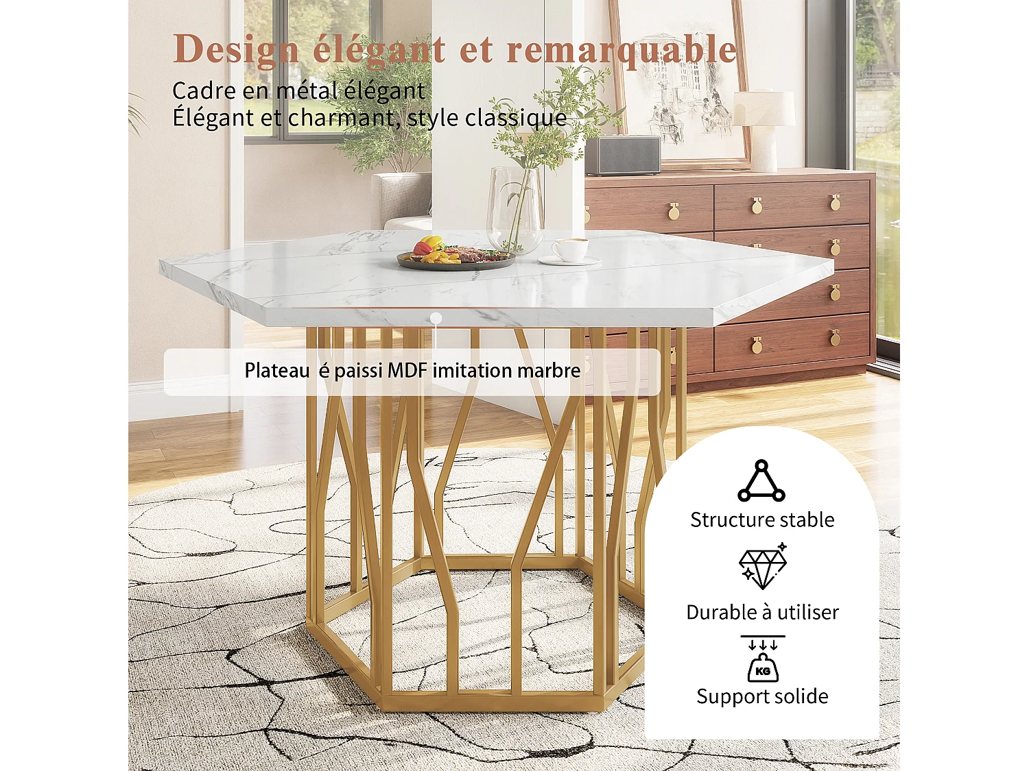 Table à manger hexagonale 115,5x100x75 cm, table de cuisine effet marbre avec piètement métal blanche, MDF, pieds dorés