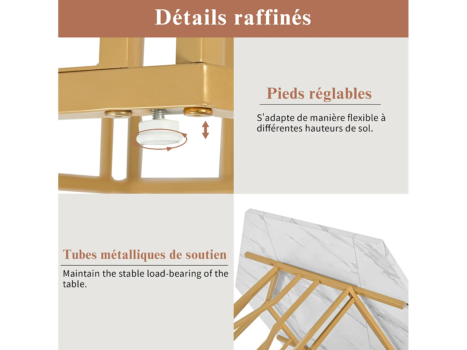 Table à manger hexagonale 115,5x100x75 cm, table de cuisine effet marbre avec piètement métal blanche, MDF, pieds dorés