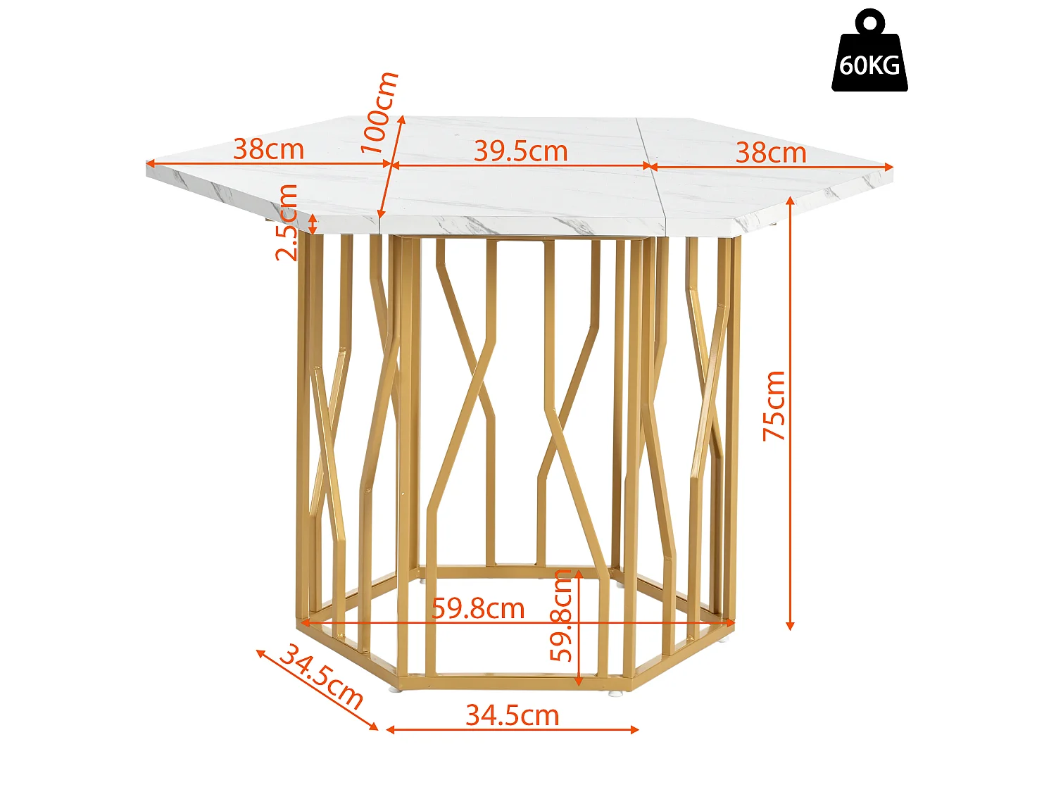 Table à manger hexagonale 115,5x100x75 cm, table de cuisine effet marbre avec piètement métal blanche, MDF, pieds dorés