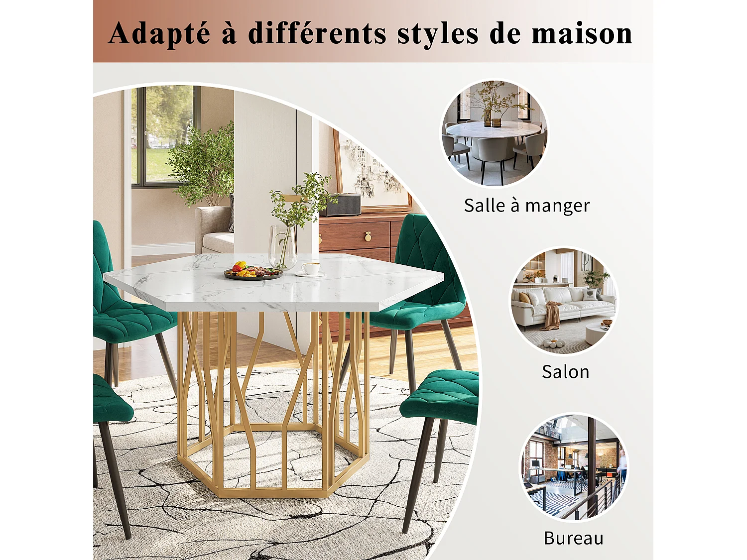 Table à manger hexagonale 115,5x100x75 cm, table de cuisine effet marbre avec piètement métal blanche, MDF, pieds dorés