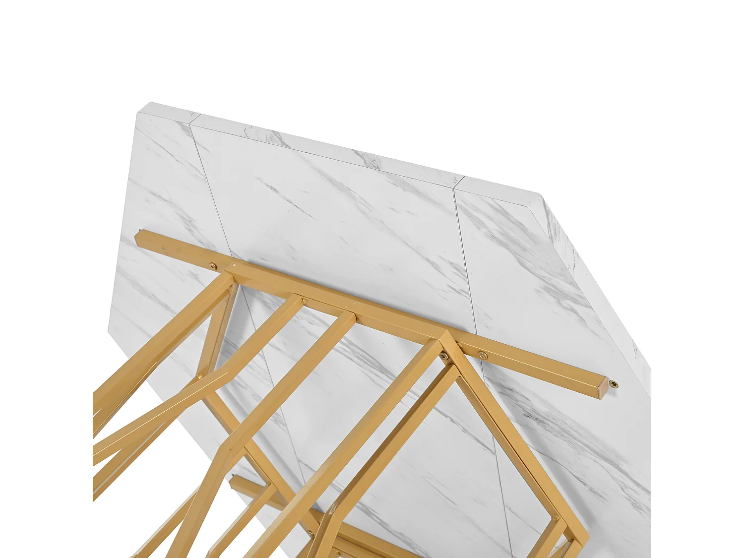 Table à manger hexagonale 115,5x100x75 cm, table de cuisine effet marbre avec piètement métal blanche, MDF, pieds dorés