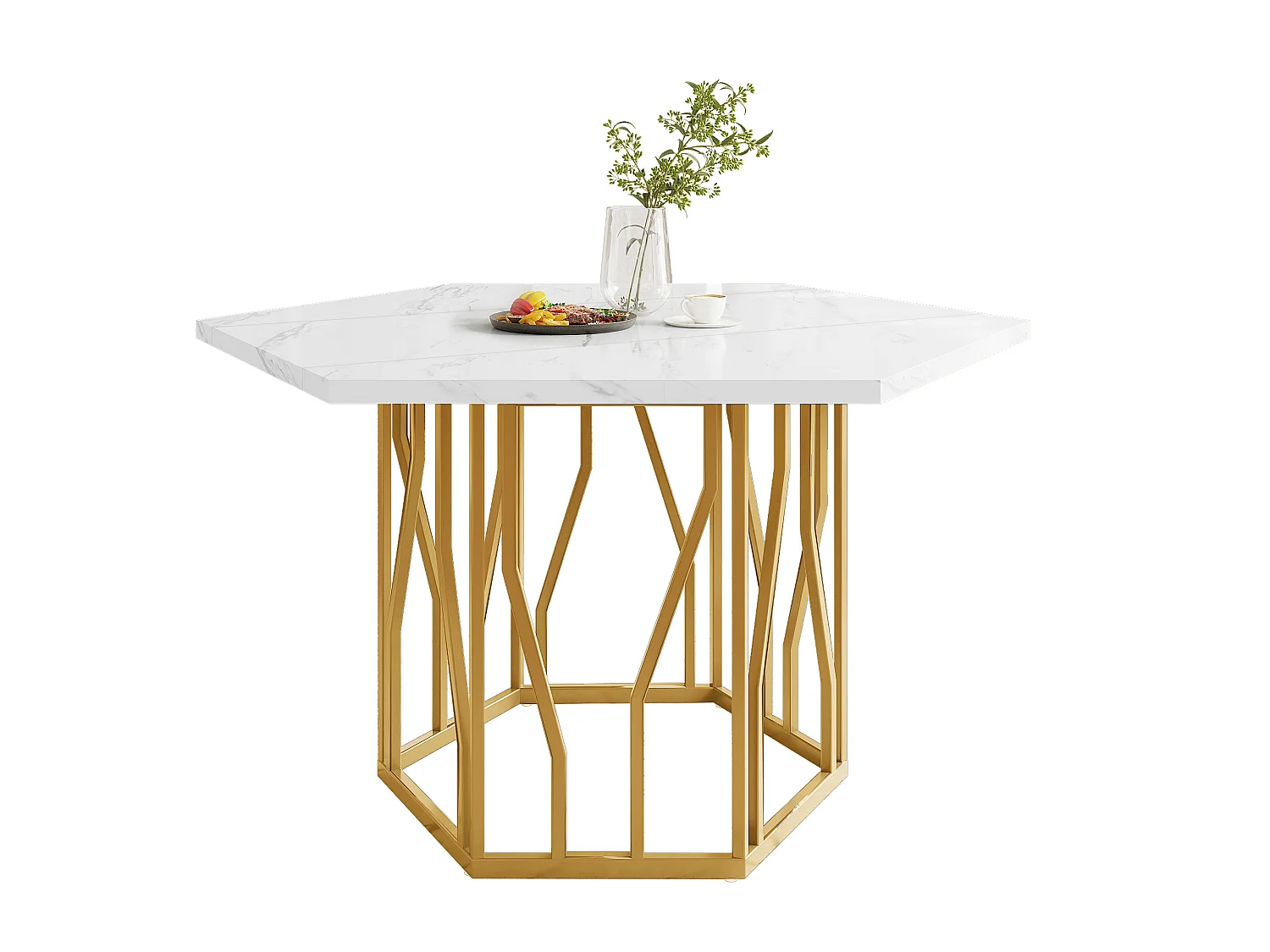 Table à manger hexagonale 115,5x100x75 cm, table de cuisine effet marbre avec piètement métal blanche, MDF, pieds dorés
