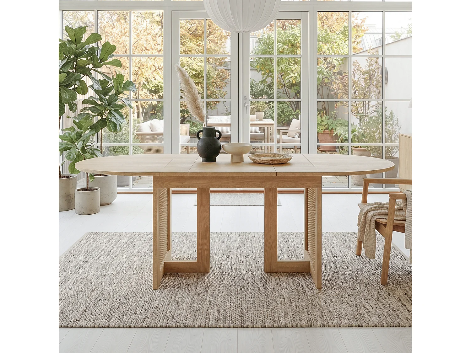 Table à manger extensible 120-160 x 80x75 cm 6-8 personnes - Table de cuisine avec pieds en rotin et coins arrondis - chêne