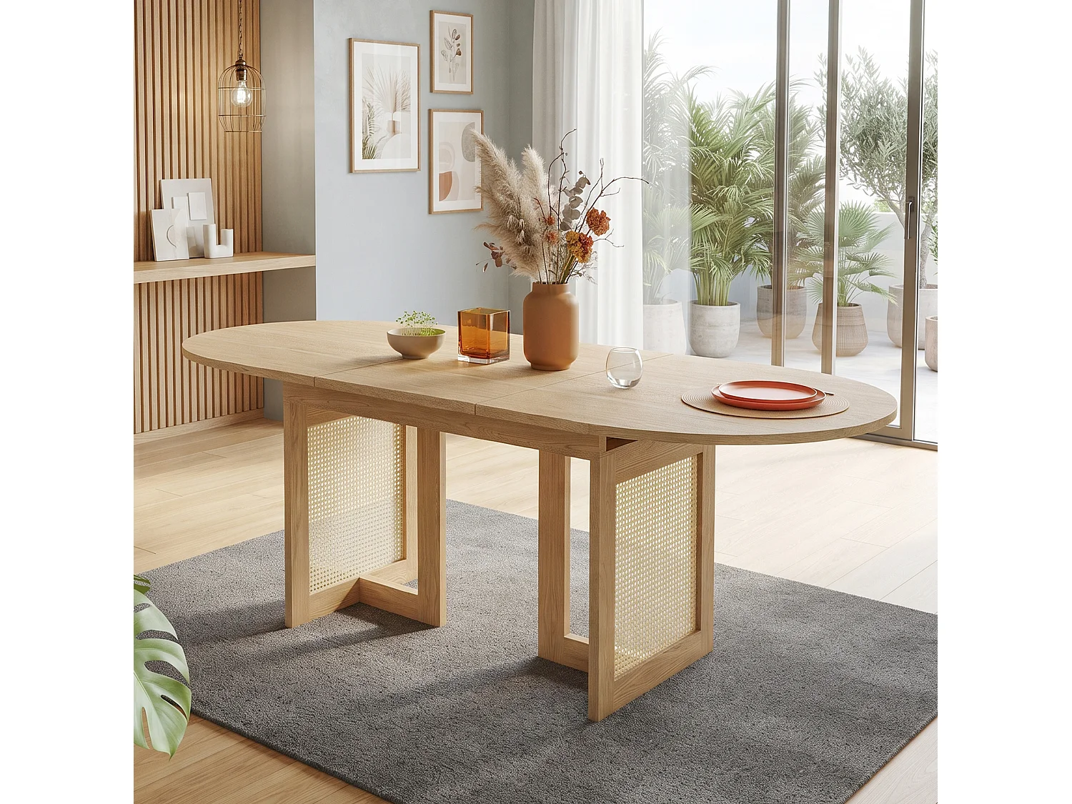Table à manger extensible 120-160 x 80x75 cm 6-8 personnes - Table de cuisine avec pieds en rotin et coins arrondis - chêne