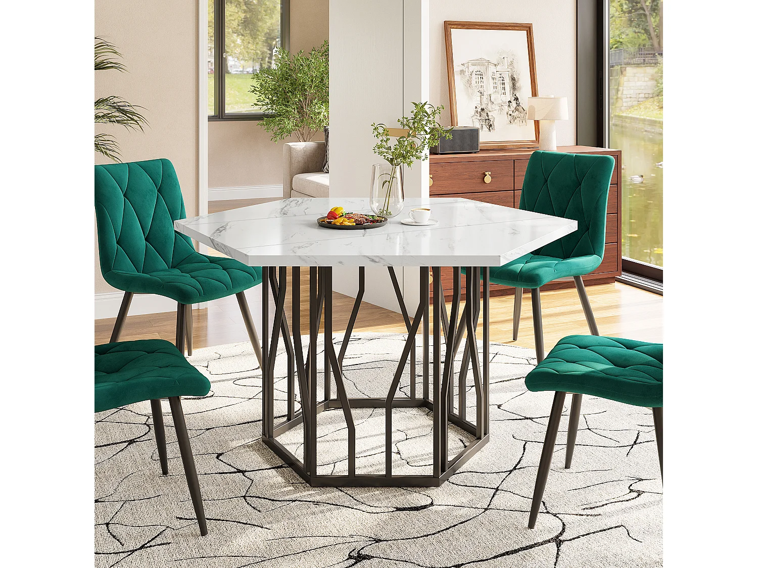 Table à manger hexagonale 115,5x100x75 cm, table de cuisine effet marbre avec piètement métal branche, MDF, noir