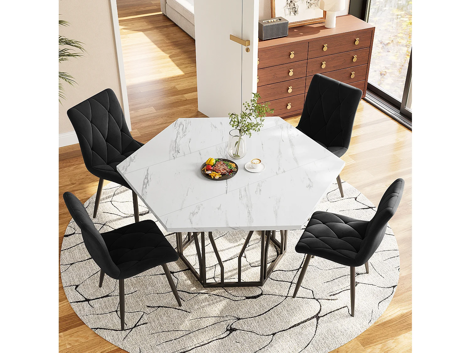 Table à manger hexagonale 115,5x100x75 cm, table de cuisine effet marbre avec piètement métal branche, MDF, noir