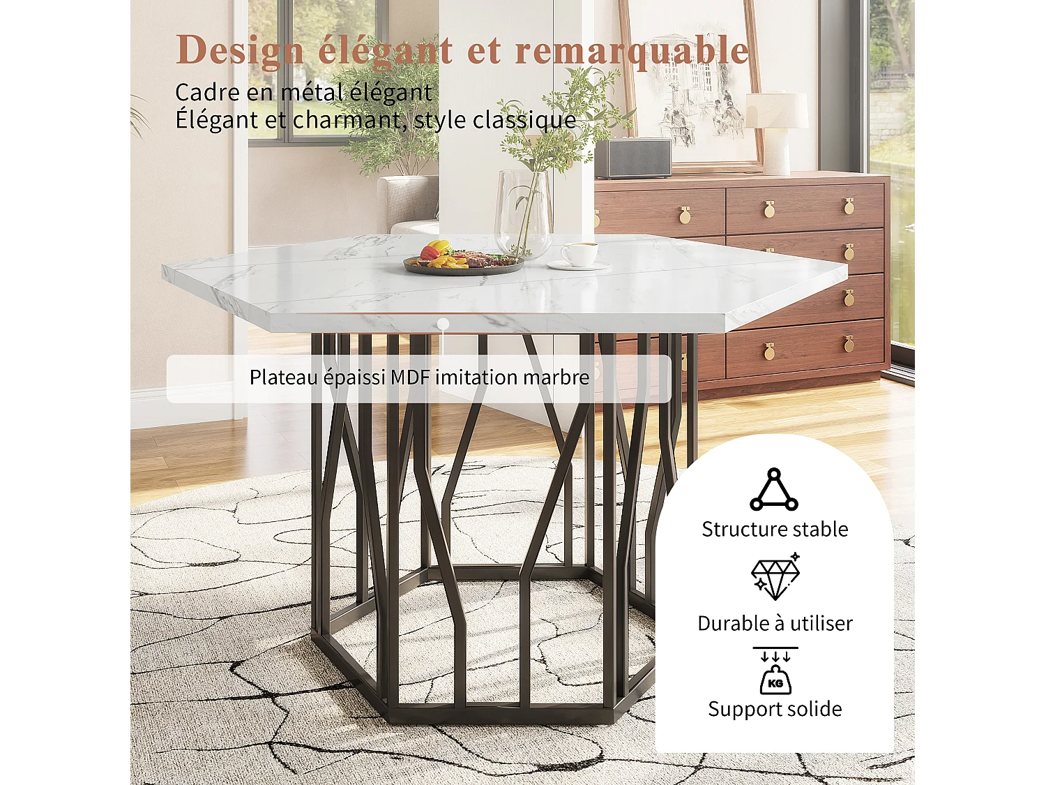 Table à manger hexagonale 115,5x100x75 cm, table de cuisine effet marbre avec piètement métal branche, MDF, noir
