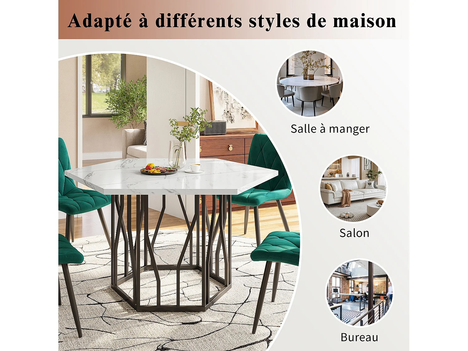 Table à manger hexagonale 115,5x100x75 cm, table de cuisine effet marbre avec piètement métal branche, MDF, noir