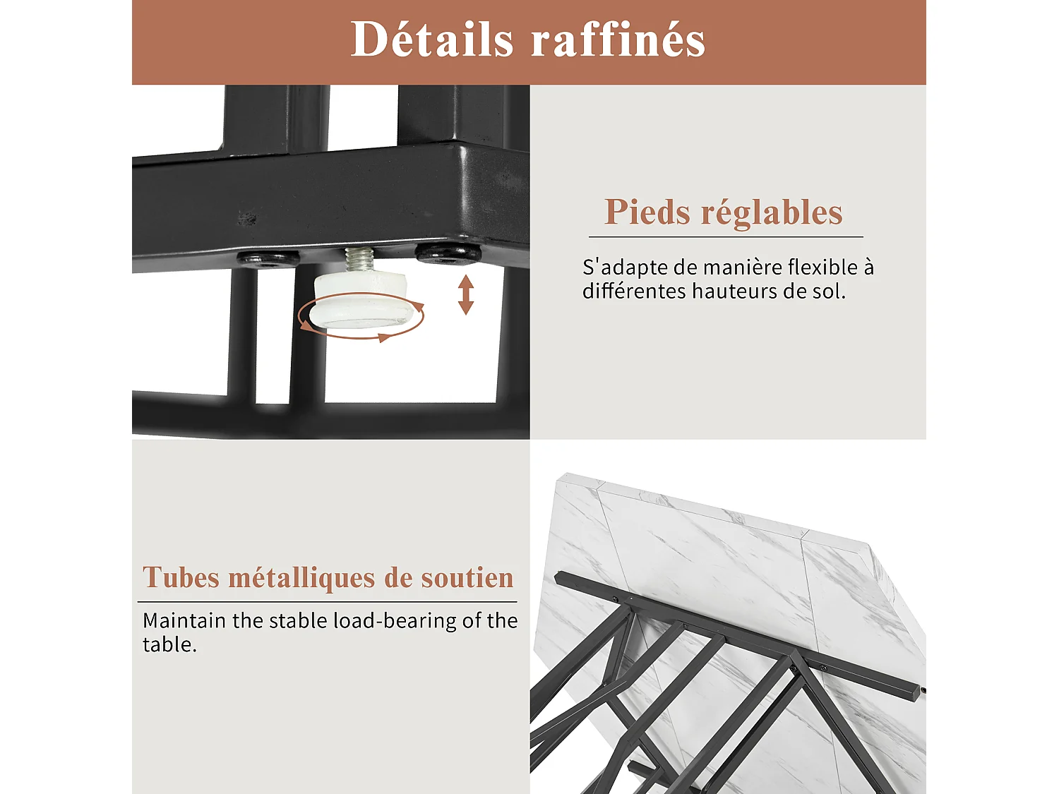 Table à manger hexagonale 115,5x100x75 cm, table de cuisine effet marbre avec piètement métal branche, MDF, noir