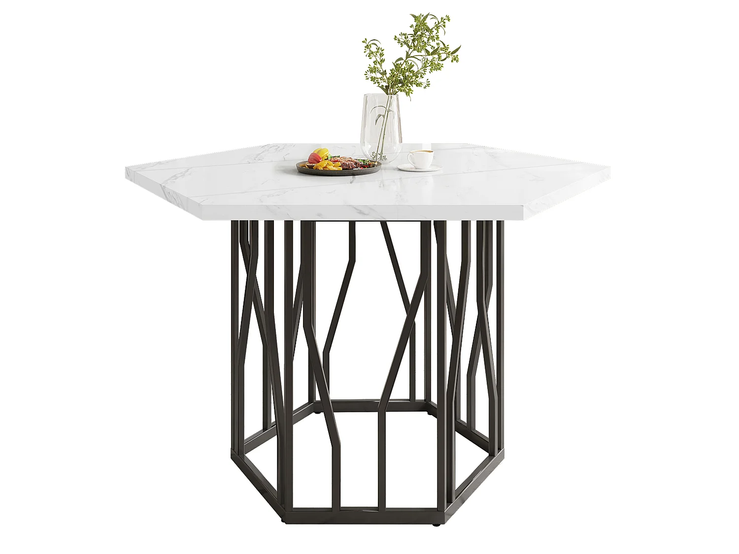 Table à manger hexagonale 115,5x100x75 cm, table de cuisine effet marbre avec piètement métal branche, MDF, noir