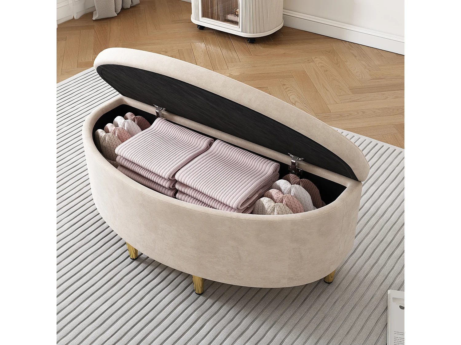 Banc coffre 90/42/40 cm – rangement intégré, assise rembourrée, montage facile – Velours beige
