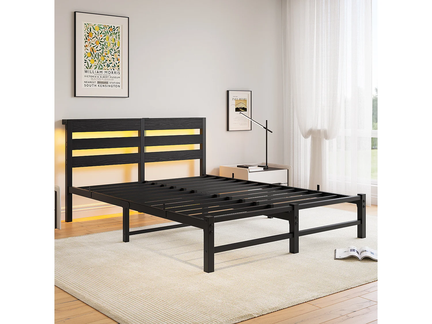 Cadre de lit 140/190 cm – LED RGB, 2 ports USB, rangement sous lit – Métal et bois noir – Matelas non inclus