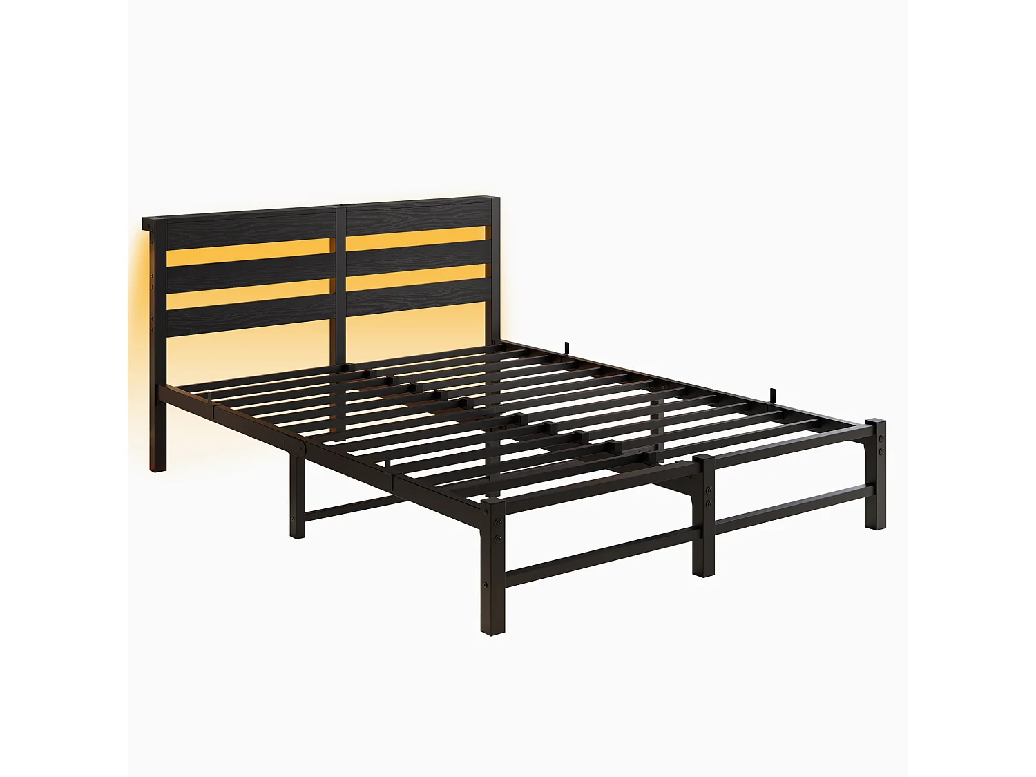 Cadre de lit 140/190 cm – LED RGB, 2 ports USB, rangement sous lit – Métal et bois noir – Matelas non inclus