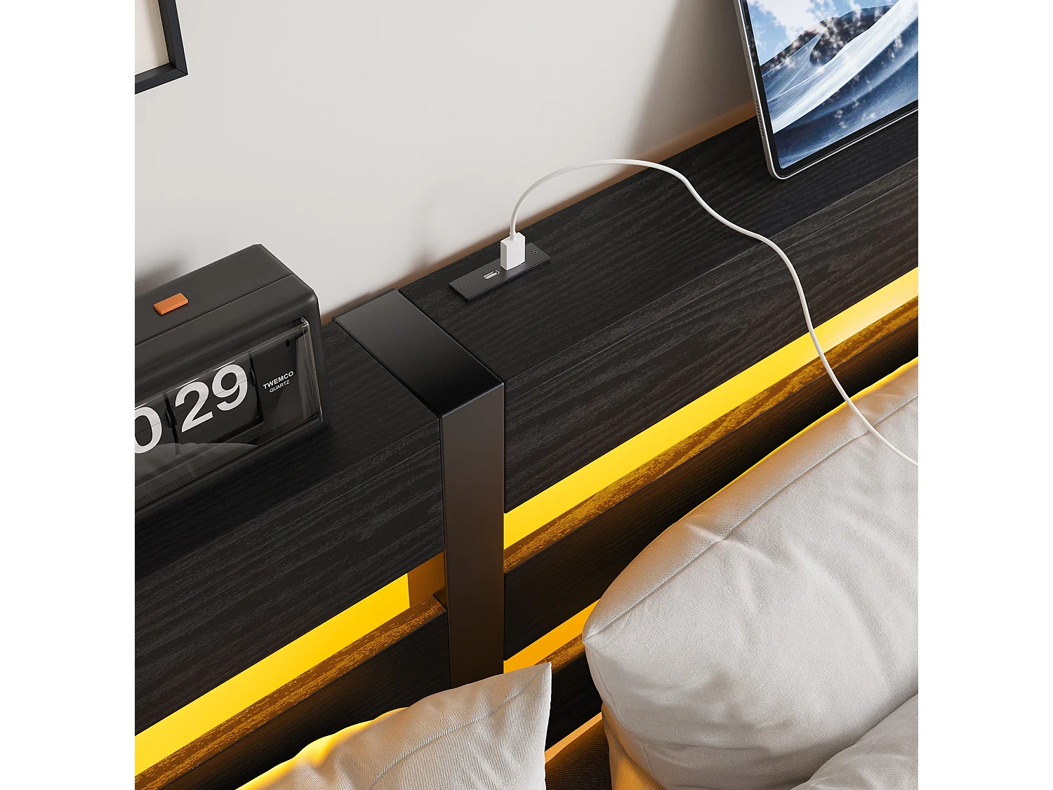 Cadre de lit 140/190 cm – LED RGB, 2 ports USB, rangement sous lit – Métal et bois noir – Matelas non inclus