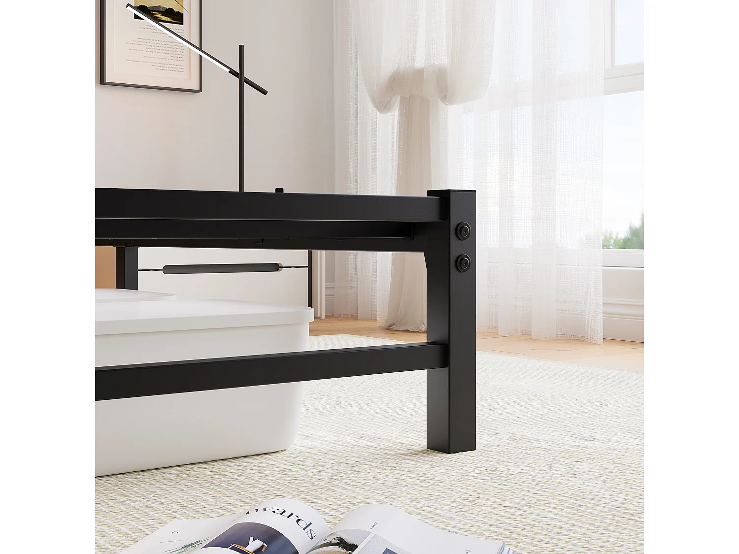 Cadre de lit 140/190 cm – LED RGB, 2 ports USB, rangement sous lit – Métal et bois noir – Matelas non inclus
