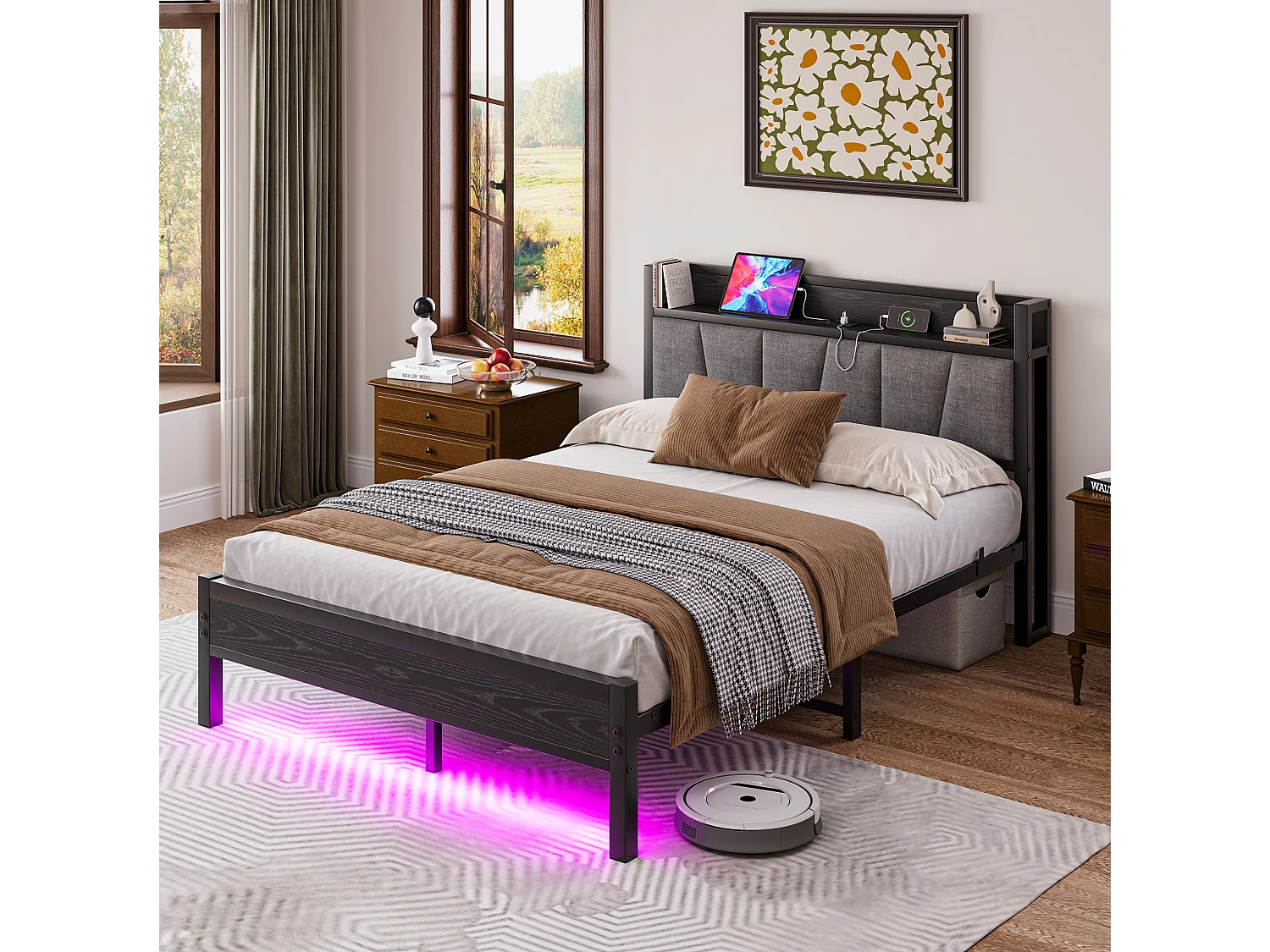 Cadre de lit 140/190 cm – LED, tête de lit de rangement, USB et prise – MDF noir