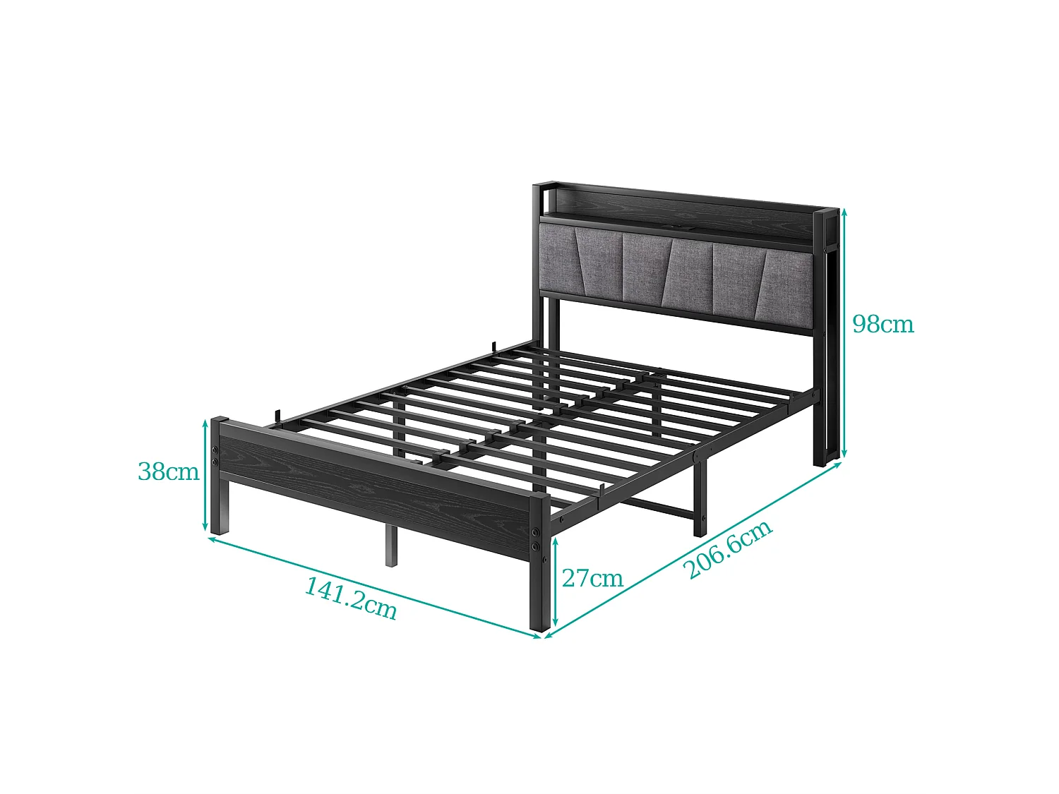 Cadre de lit 140/190 cm – LED, tête de lit de rangement, USB et prise – MDF noir
