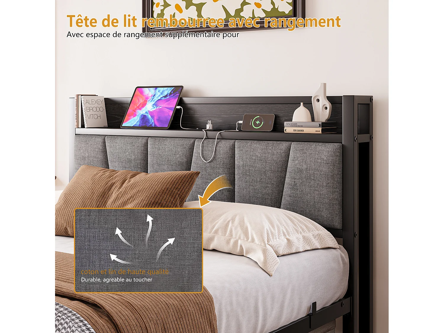 Cadre de lit 140/190 cm – LED, tête de lit de rangement, USB et prise – MDF noir
