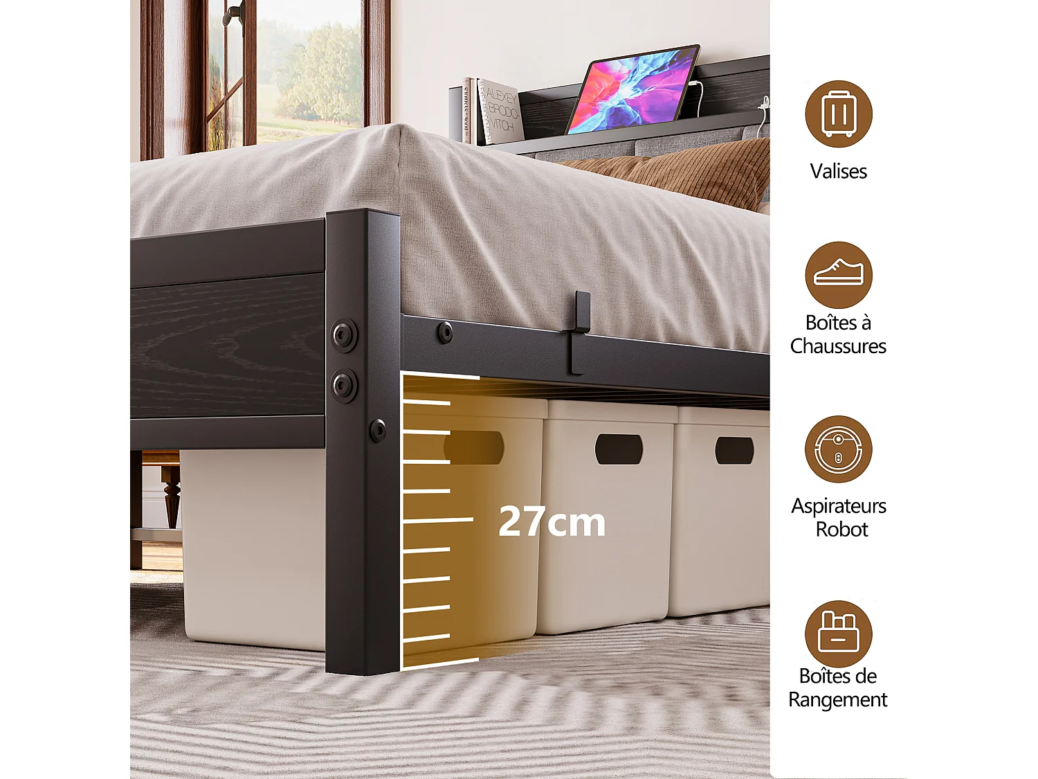 Cadre de lit 140/190 cm – LED, tête de lit de rangement, USB et prise – MDF noir