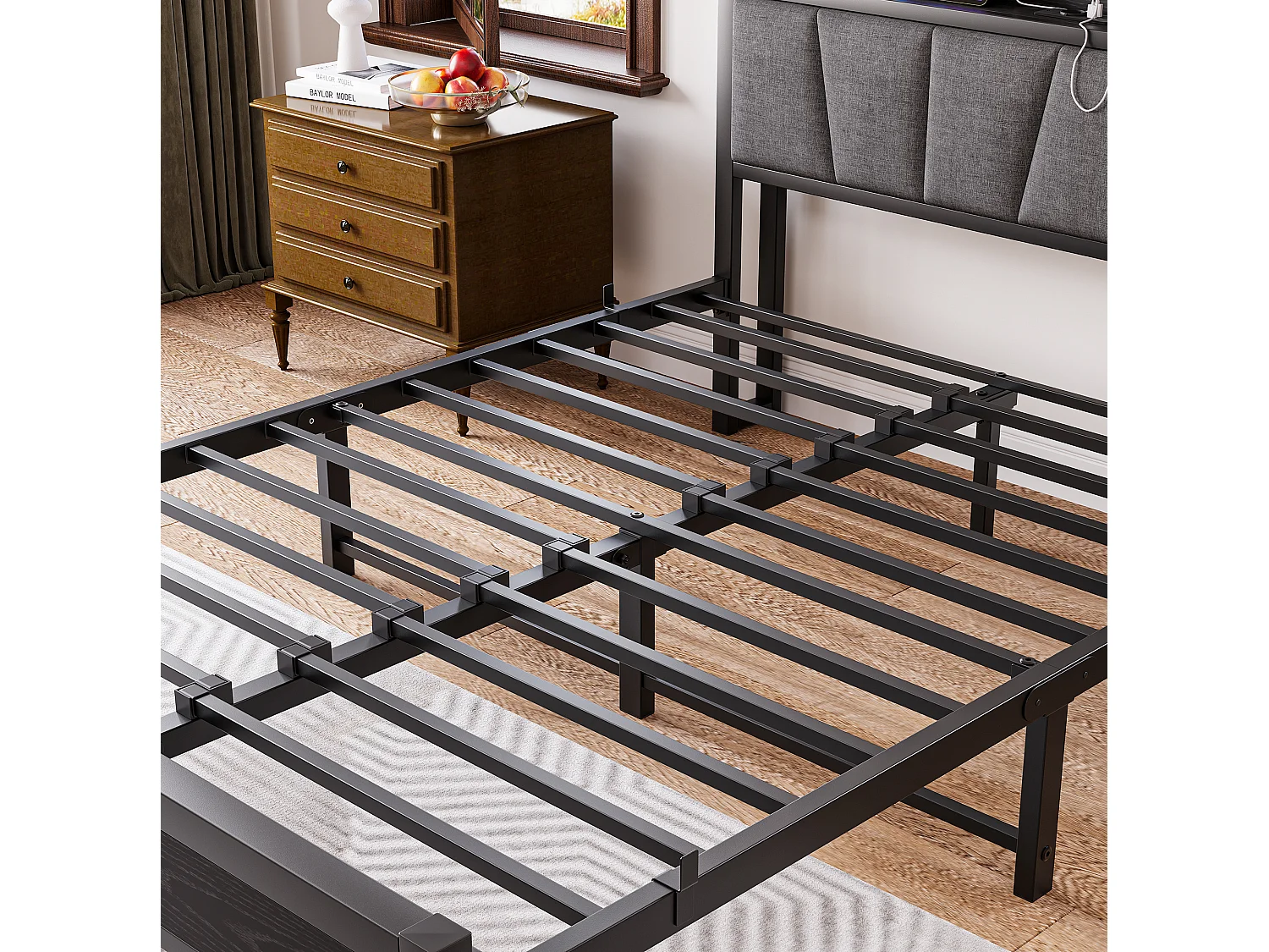 Cadre de lit 140/190 cm – LED, tête de lit de rangement, USB et prise – MDF noir
