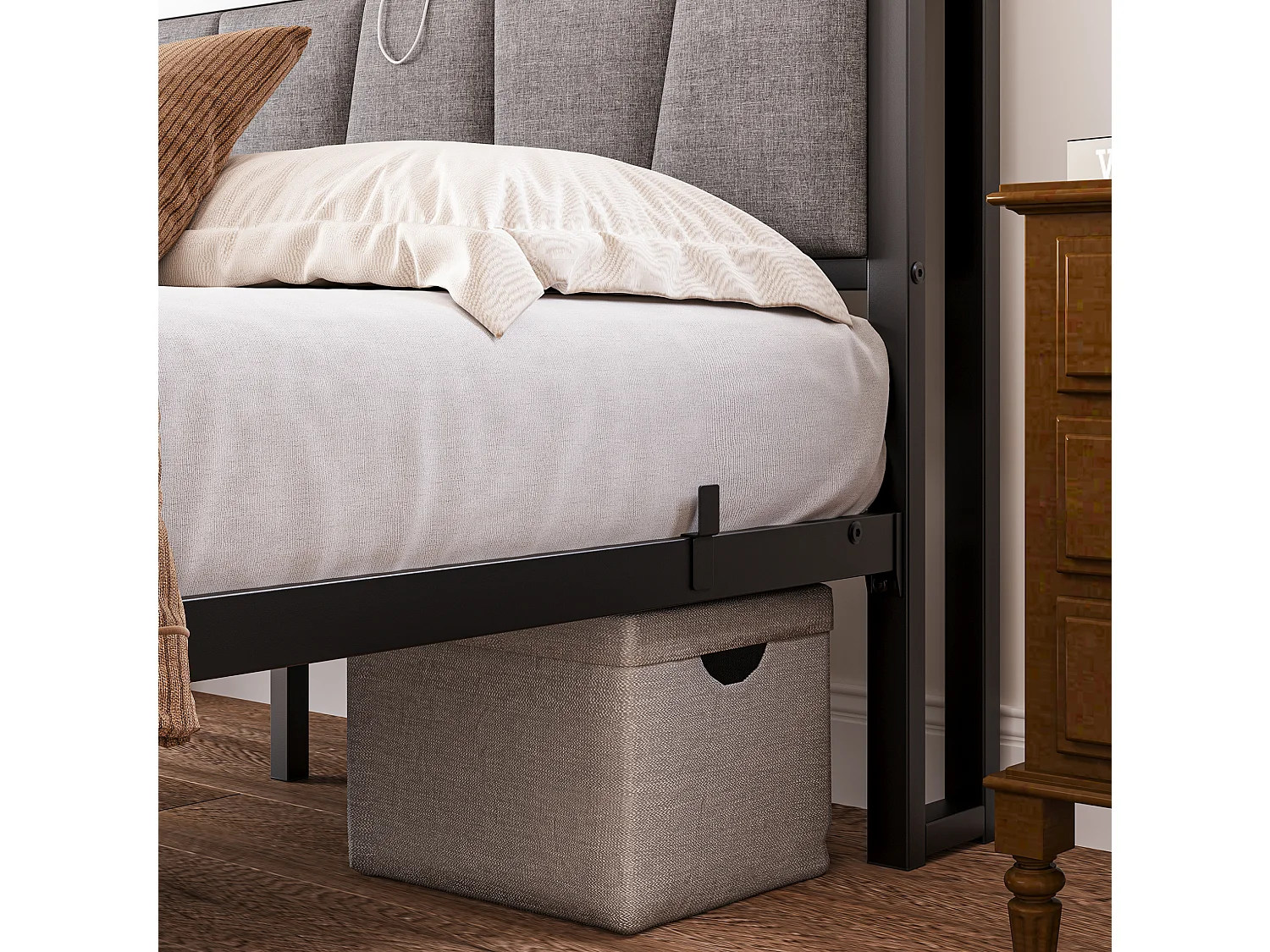 Cadre de lit 140/190 cm – LED, tête de lit de rangement, USB et prise – MDF noir