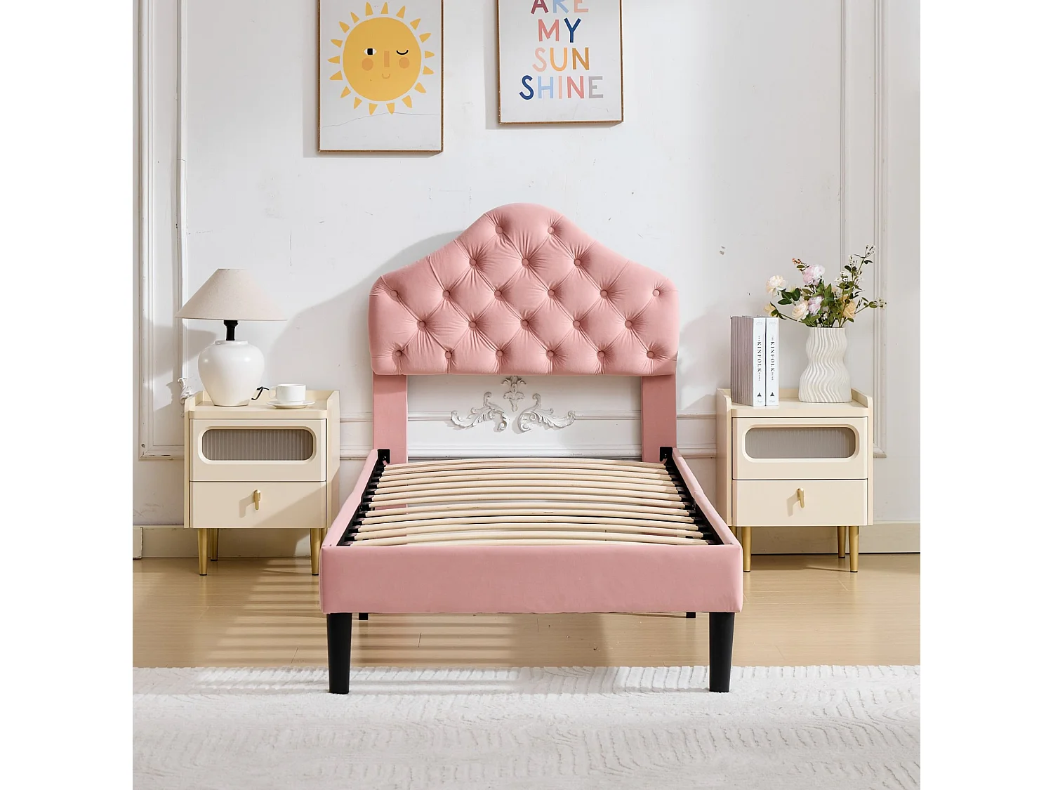 Lit 1 place 90/200 cm – tête de lit réglable, lattes en bois, sans sommier – Velours rose