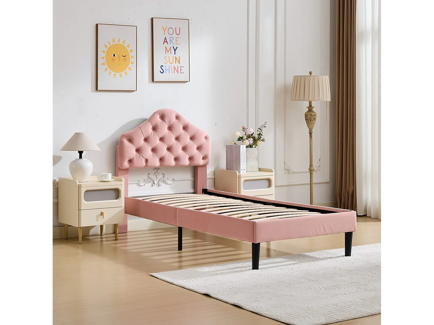 Lit 1 place 90/200 cm – tête de lit réglable, lattes en bois, sans sommier – Velours rose