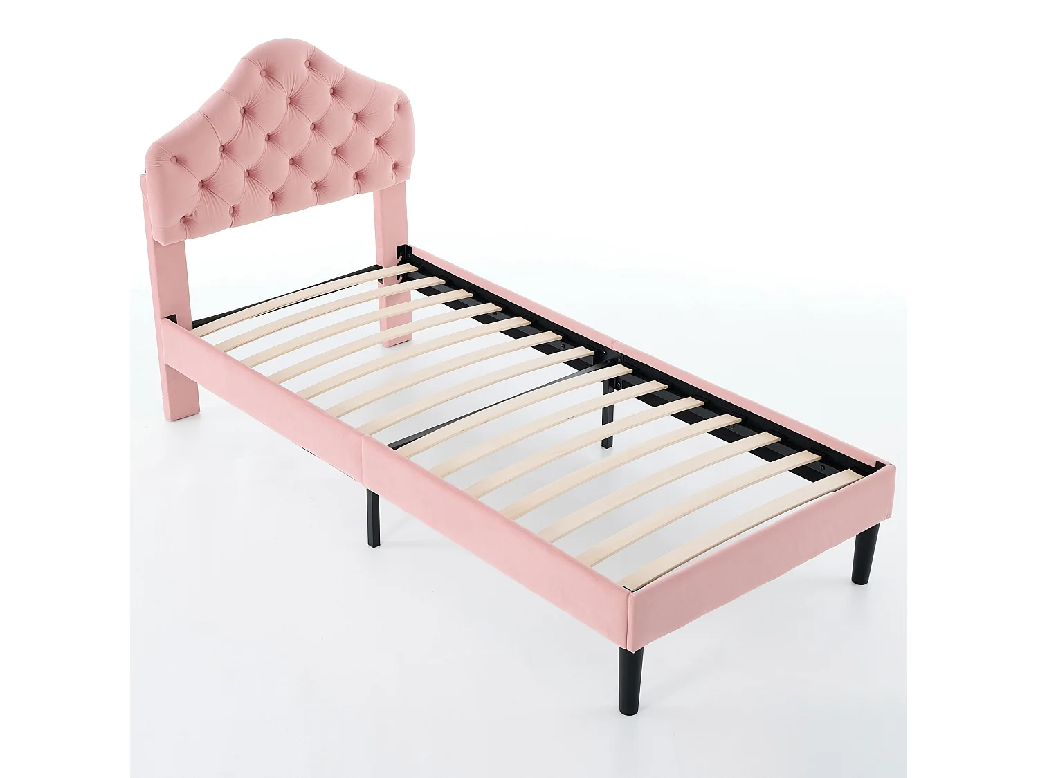 Lit 1 place 90/200 cm – tête de lit réglable, lattes en bois, sans sommier – Velours rose