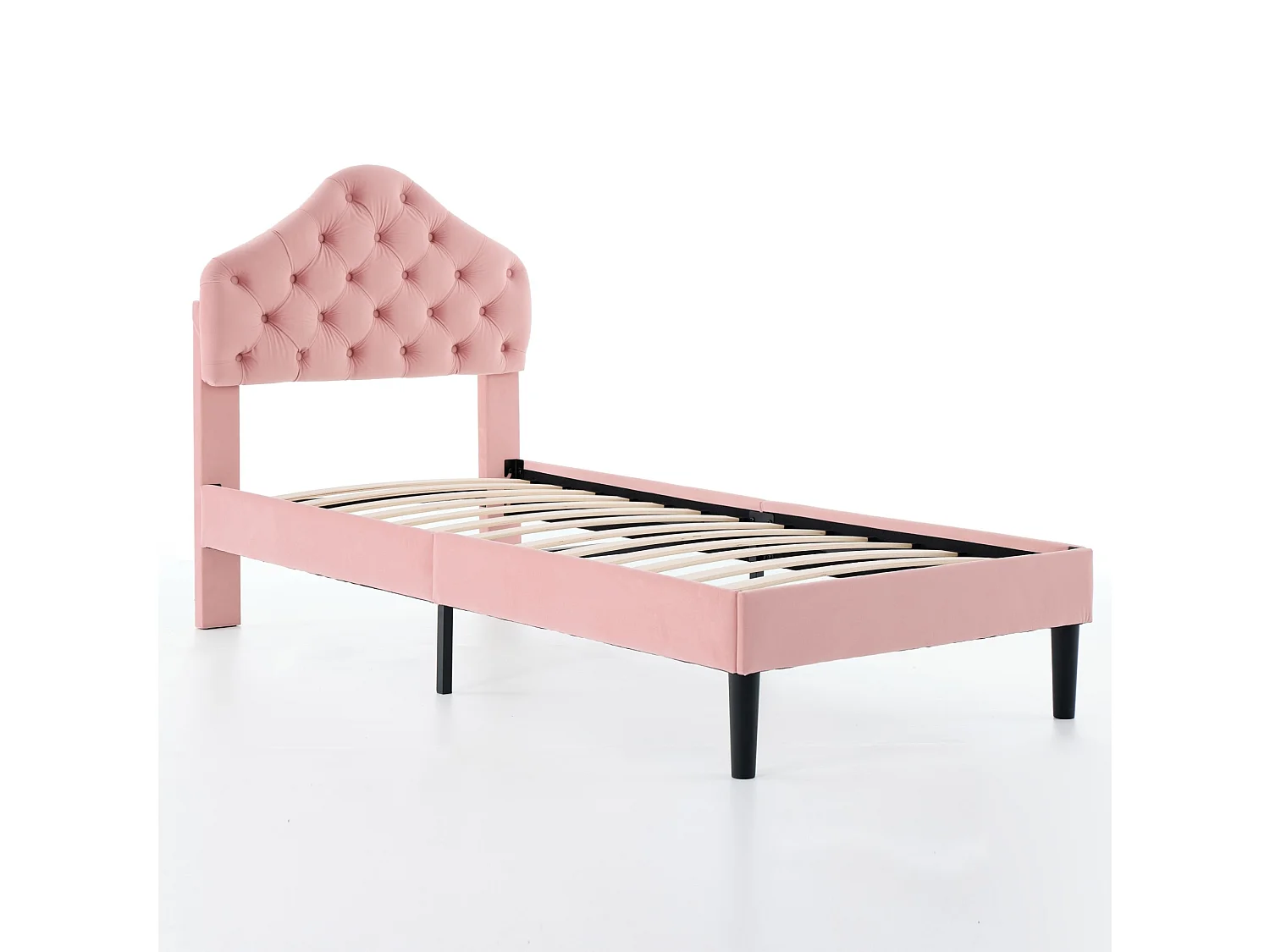 Lit 1 place 90/200 cm – tête de lit réglable, lattes en bois, sans sommier – Velours rose