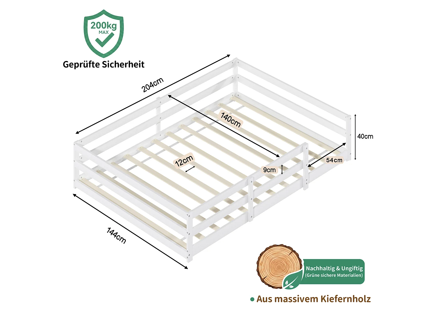 Lit enfant Montessori 140/200 cm – barrière 4 côtés, sommier inclus, entrée basse – Pin massif blanc – Matelas non inclus