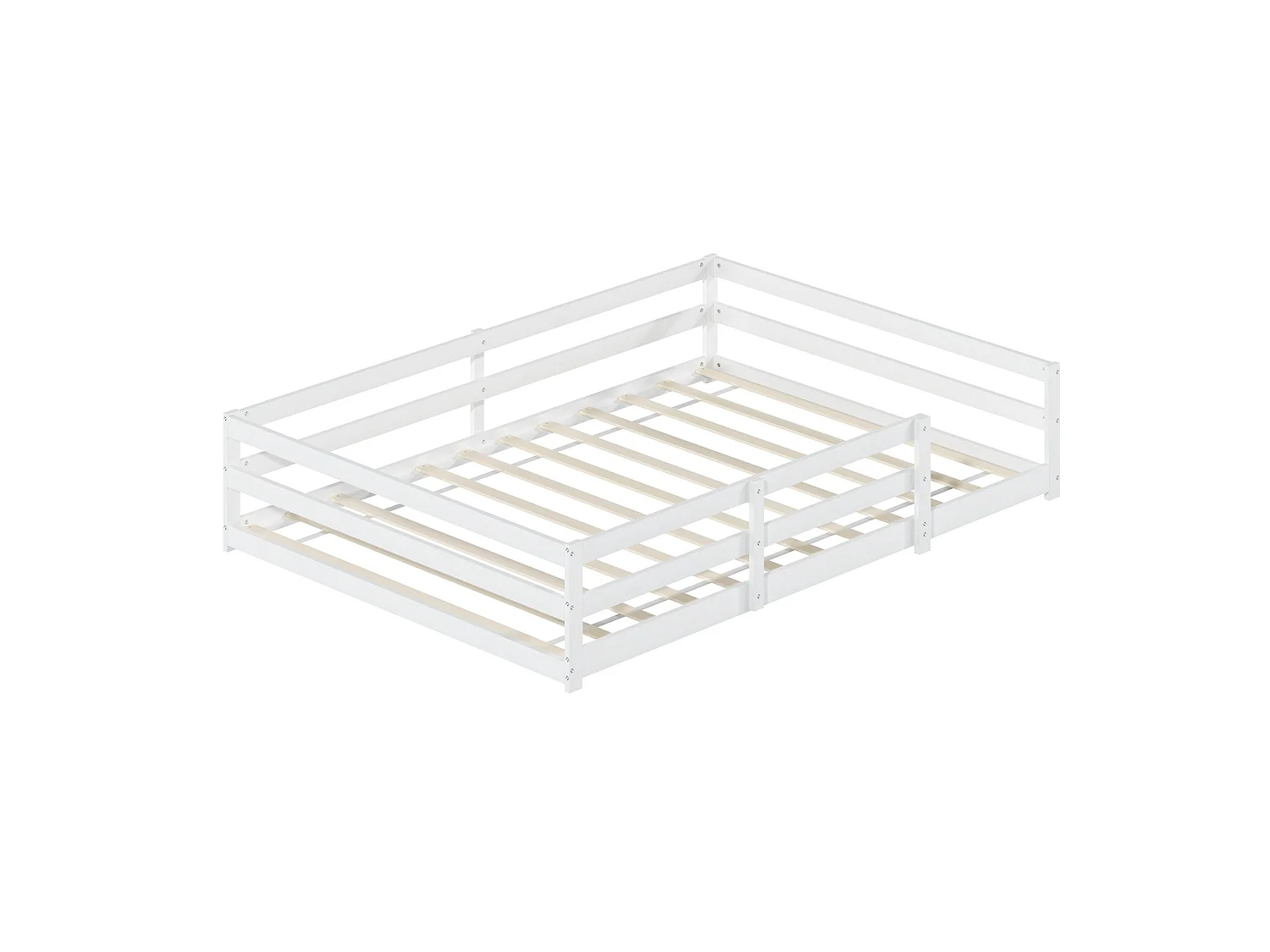 Lit enfant Montessori 140/200 cm – barrière 4 côtés, sommier inclus, entrée basse – Pin massif blanc – Matelas non inclus