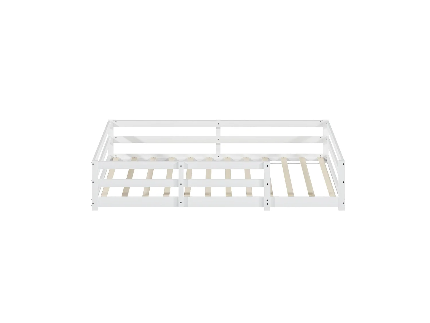 Lit enfant Montessori 140/200 cm – barrière 4 côtés, sommier inclus, entrée basse – Pin massif blanc – Matelas non inclus