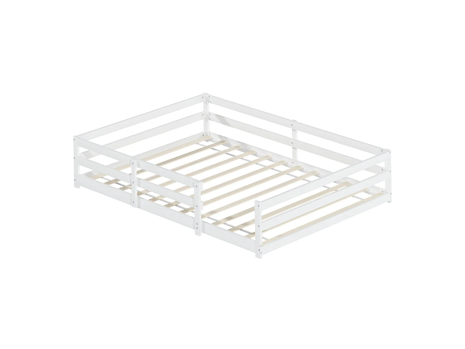 Lit enfant Montessori 140/200 cm – barrière 4 côtés, sommier inclus, entrée basse – Pin massif blanc – Matelas non inclus