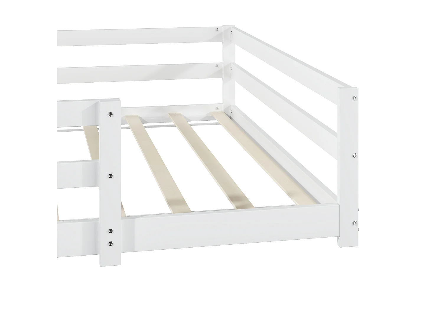 Lit enfant Montessori 140/200 cm – barrière 4 côtés, sommier inclus, entrée basse – Pin massif blanc – Matelas non inclus