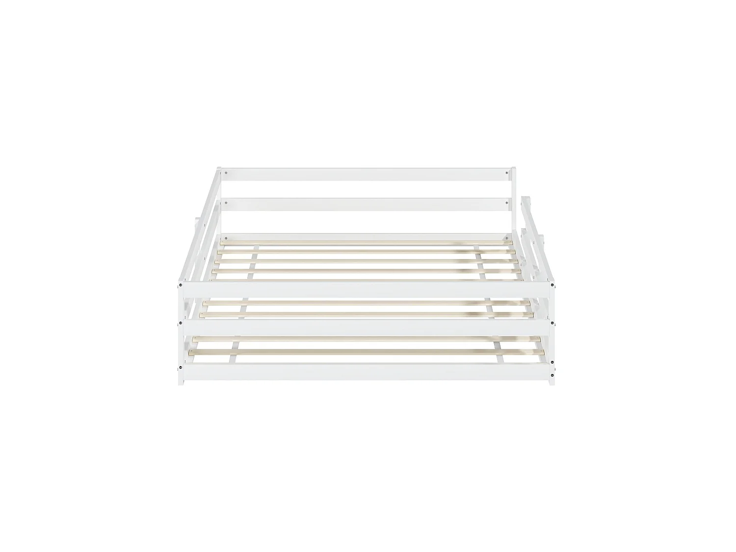 Lit enfant Montessori 140/200 cm – barrière 4 côtés, sommier inclus, entrée basse – Pin massif blanc – Matelas non inclus
