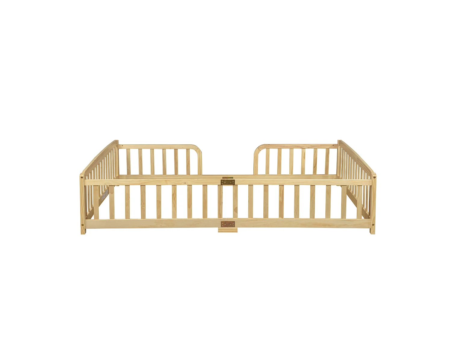 Lit au sol enfant 140/200 cm – barrières de sécurité, entrée centrale, structure basse – Pin naturel – Matelas non inclus