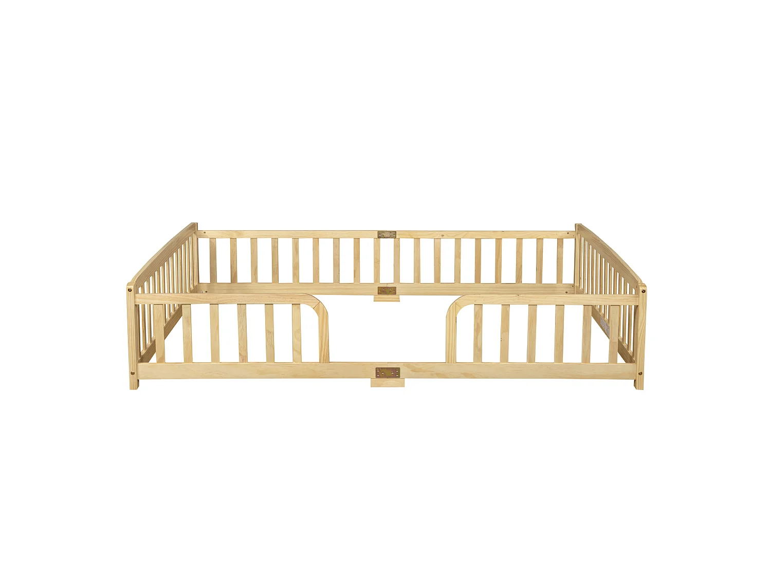 Lit au sol enfant 140/200 cm – barrières de sécurité, entrée centrale, structure basse – Pin naturel – Matelas non inclus