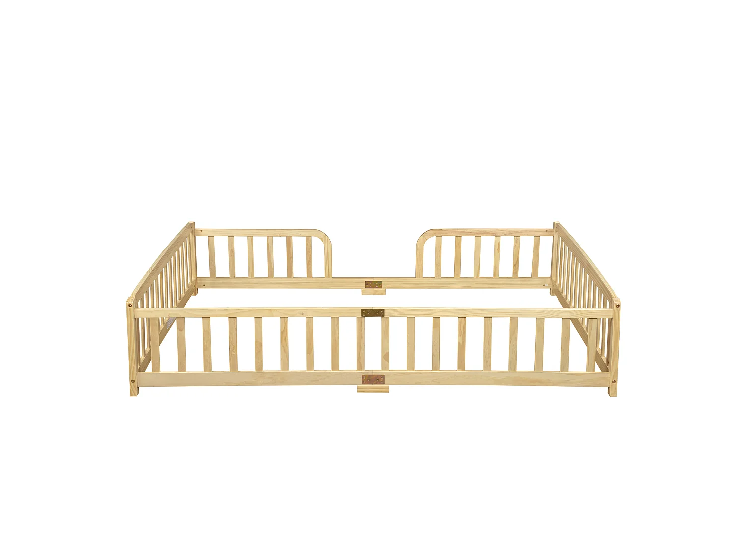 Lit au sol enfant 140/200 cm – barrières de sécurité, entrée centrale, structure basse – Pin naturel – Matelas non inclus