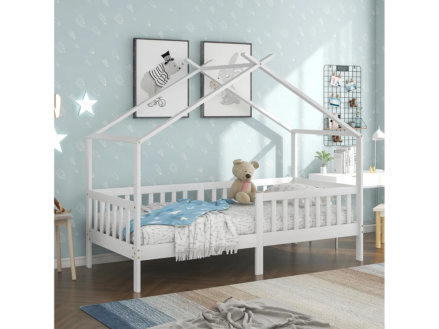 Lit enfant cabane 90/200 cm – barrière de sécurité, sommier à lattes – Bois massif blanc
