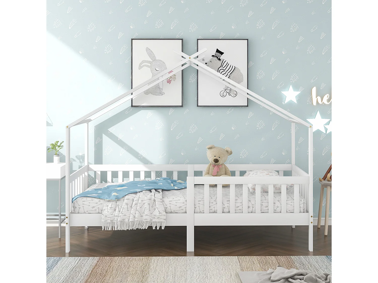 Lit enfant cabane 90/200 cm – barrière de sécurité, sommier à lattes – Bois massif blanc